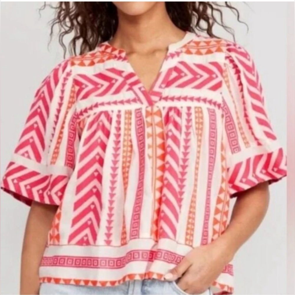 Old Navy M White boho flowy Aztec geometric embroidered print wide sleeve top